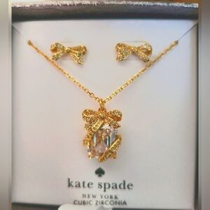 Kate Spade Gold Bow Earrngs And Present Pendant Necklace Jewelry Set